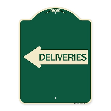 Signmission Deliveries With Left Arrow Heavy-Gauge Aluminum Architectural Sign, 24" x 18", G-1824-24363 A-DES-G-1824-24363